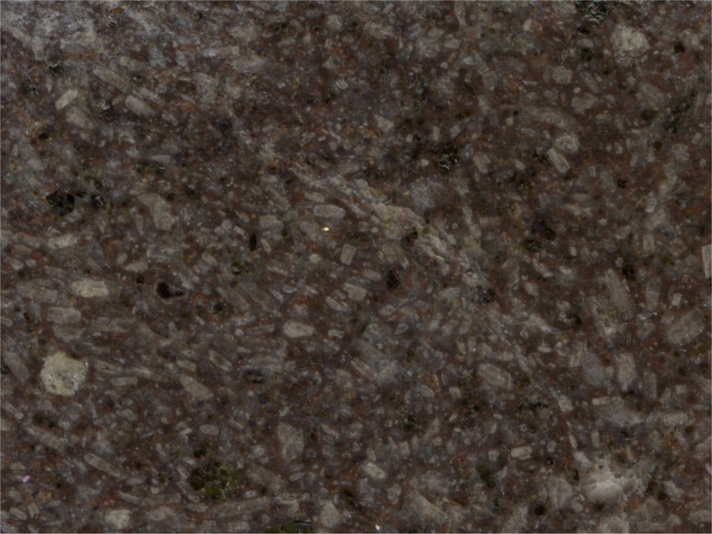 Echantillon d'andésite, surface polie scannée. Formée dans un contexte de convergence, d'âge oligocène, la roche montre des cristaux d'amphiboles et de plagioclases.