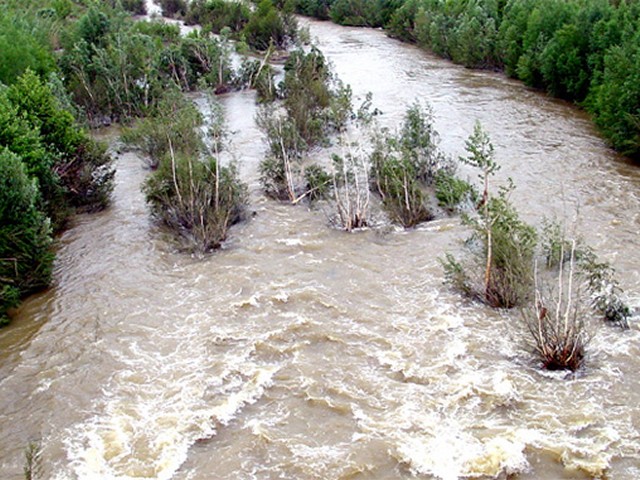 Rivière en crue (la Têt à Ille-sur-Têt).  Lors des crues violentes, le cours d'eau transporte des grandes quantités d'alluvions (argile, sables, ...) qui se déposeront en aval.