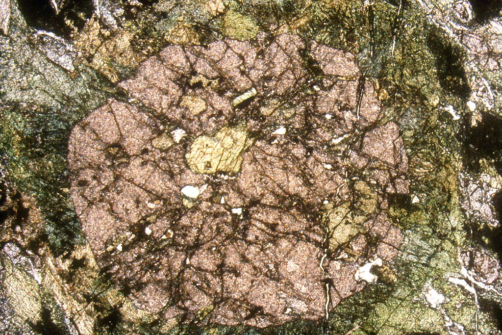 Eclogite : gros cristal de grenat vu en LPNA, réaction coronitique visible par une frange verdâtre (retrométamorphisme).