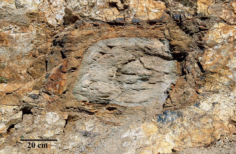 Enclave de socle dans le granite. Le granite (leucogranite LgammaR2AL de la carte géologique d'Yssingeaux) d'âge Carbonifère supérieur, comporte des enclaves du socle métamorphique. L'enclave de migmatites visible sur la photographie es très altérée (argile provenant des feldpaths).  <a href='http://svt.enseigne.ac-lyon.fr/spip/spip.php?article153' target='_blank'>Page liée</a>.<br /> Mots clefs : granite - socle - enclave - datation relative.
