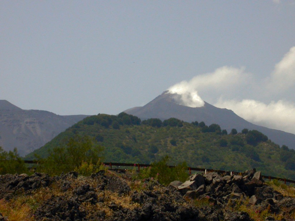 L'Etna est l'un des volcans les plus actifs au monde. Il mesure environ 45 km de diamètre à sa base, et culmine à 3 345 m d'altitude. Cette photo prise depuis la route d'accès montre le cratère sud-est avec ses abondantes fumerolles.
<BR>
<A HREF='https://phototheque.enseigne.ac-lyon.fr/photossql/GoogleEarth/etna1.kmz'>
<IMG SRC='googleearth.gif' BORDER=0>
</A>