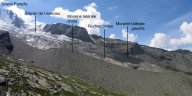 Le glacier de Laveciau depuis le refuge Chabod (Italie, massif du Grand-Paradis). Montage de deux photos. Le glacier prend sa source au pied du Grand-Paradis, à gauche (4061 m). On voit surtout ici sa partie basse, très crevassée, et les moraines latérales et frontale abandonnées par le glacier. Entre les deux moraines latérales, des roches polies. Le pied de la moraine latérale droite est à environ 2700 m. [27096 views]