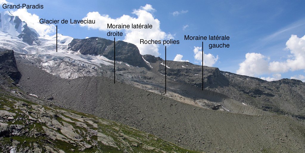 Le glacier de Laveciau depuis le refuge Chabod (Italie, massif du Grand-Paradis). Montage de deux photos. Le glacier prend sa source au pied du Grand-Paradis, à gauche (4061 m). On voit surtout ici sa partie basse, très crevassée, et les moraines latérales et frontale abandonnées par le glacier. Entre les deux moraines latérales, des roches polies. Le pied de la moraine latérale droite est à environ 2700 m.