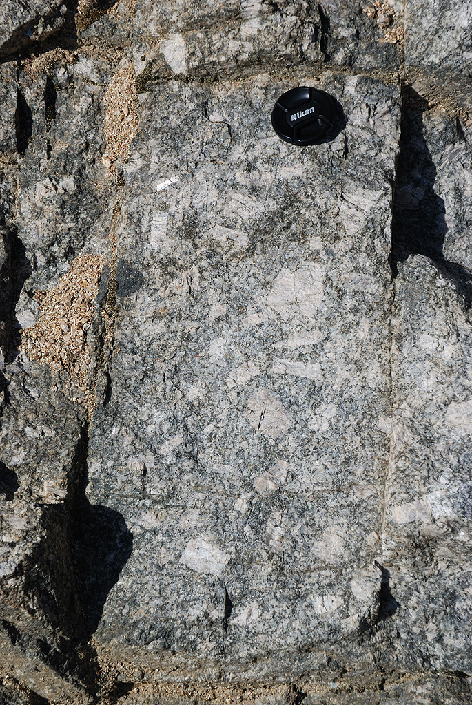 Granite à gros cristaux de feldspath du Massif de l'Aigoual. Ce massif est formé de granite, d'âge   paléozoïque (mise en place il y a environ 330 millions d'années), intrusif   dans les roches métamorphiques de la série des schistes des Cévennes. Le sud   du massif (Lingas) est principalement granitique, alors qu'au sommet de   l'Aigoual affleurent les micaschistes qui constituent le toit du pluton   granitique.
