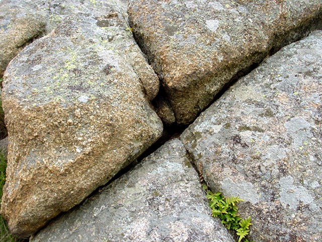 Granite fissuré : l'eau circule dans les fissures provoquant une altération du granite.