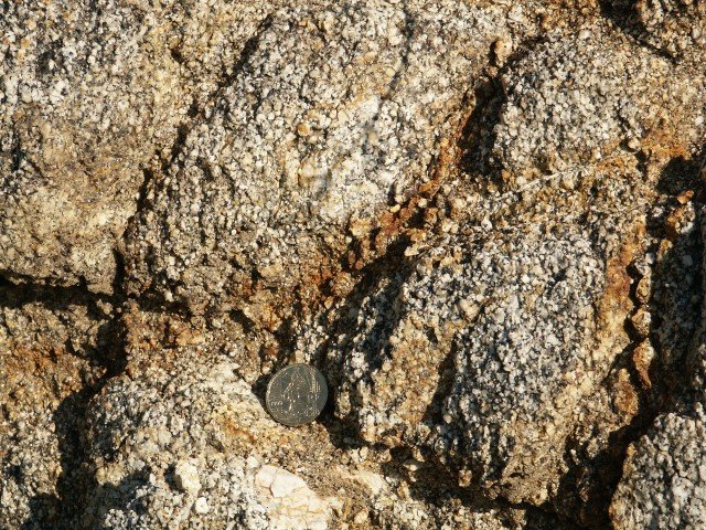 Le granite du Forez. Vue rapprochée.  Les cristaux de quartz, feldspath et les ferromagnésiens sont dégagés par l'altération. Ils sont à l'origine des dépôts de base (arène granitique). Les passées orangées témoignent de l'oxydation des minéraux ferromagnésiens par les eaux de ruissellement et d'infiltration. <a href='https://phototheque.enseigne.ac-lyon.fr/photossql/photos.php?RollID=images&FrameID=granite_forez1'>Voir aussi</a>