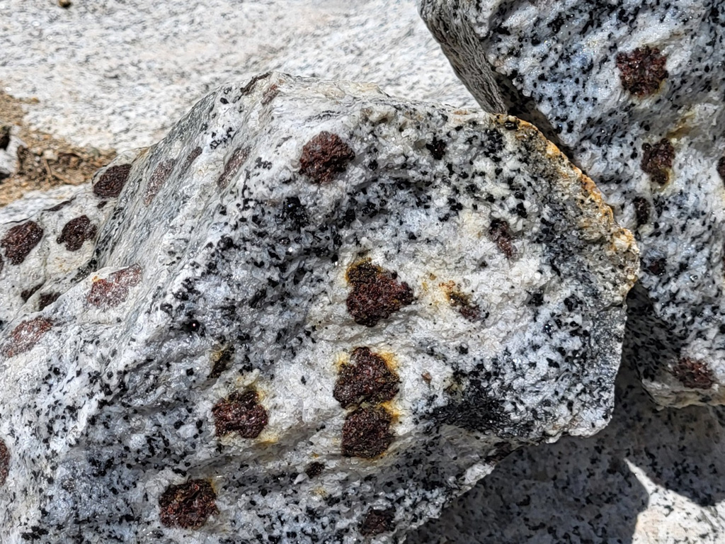 Granite à grenats. L'almandin est une variété de grenat minéral qui est généralement de couleur rouge ou brun rougeâtre. On le trouve dans les roches métamorphiques comme les schistes et les gneiss, ainsi que dans certaines roches ignées comme le granite. L'almandin se forme par le processus de métamorphisme, qui se produit lorsque les roches sont soumises à des températures et des pressions élevées. Au cours de ce processus, la composition minérale de la roche change et de nouveaux minéraux tels que l'almandin peuvent se former. L'almandin est généralement formé à partir du minéral pyroxène ou du feldspath plagioclase au cours du processus de métamorphisme. Il est donc fréquent dans les schistes, les gneiss et les filons d'aplite (granite clair à grains très fins). Il représente les cristaux de grande taille de certaines pegmatites, ces minéraux peuvent atteindre 50 centimètres.