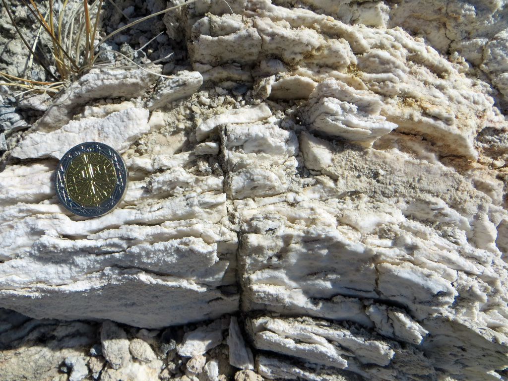 Gypse saccharoïde du Trias supérieur des Alpes. Le gypse est du sulfate de calcium hydraté, de formule chimique CaSO<sub>4</sub>, 2(H<sub>2</sub>O). Il est ici cristallisé sous forme de petits grains grossiers qui le font ressembler à du sucre en morceau, d'où son nom. C'est une roche sédimentaire évaporitique : il se forme par précipitation au niveau de lagunes ou de lacs salés, suite à une forte évaporation et à une concentration des eaux en sels.  Le chauffage artificiel du gypse provoque une réaction de déshydratation partielle : la poudre obtenue est le plâtre, qui recristallisera si on lui ajoute de l'eau.
Vue des roches en place : <a href=' https://phototheque.enseigne.ac-lyon.fr/photossql/photos.php?RollID=images&FrameID=gypses_Izoard'>Col de l'Izoard</a>.
