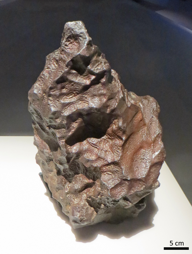 Juncal, météorite de fer trouvée en 1866 au Chili. Les météorites de fer, comptant pour 5% des chutes de météorites, sont des fragments du noyau d'un astéroïde différencié, originellement enfoui sous des dizaines, voire des centaines de kilomètres de roches. Certains noyaux ont été mis à jour par de gigantesques collisions qui ont brisé leurs astéroïdes-parents au début de l'histoire du système solaire. Après des milliards d'années dans l'espace, d'autres collisions ont arraché des fragments de ces noyaux mis à nu et ils ont pris la direction de la Terre.