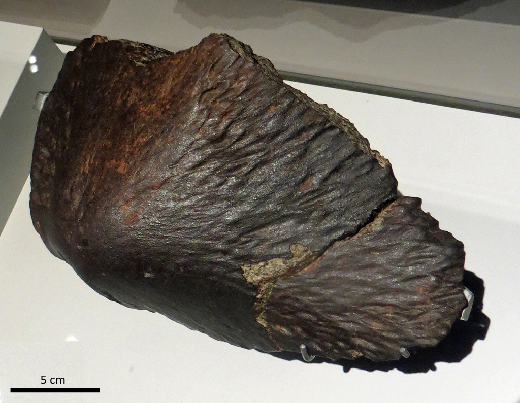 Ksar El Hajoui, chondrite ordinaire trouvée en 2010 au Maroc. Il s'agit d'une météorite orientée.