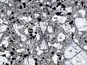 Néphélinite à olivine et mélilite (8 Ma). Cette néphélinite, d'aspect basaltique,  est une roche à rares phénocristaux d'olivine millimétriques  et à fond aphanitique composé de petits cristaux (~ 0,1 mm) de clinopyroxène (cpx), magnétite (ma) automorphes et de néphéline xénomorphe (ne). La mélilite (sorosilicate, système quadratique), ici très fraiche,  est  peu abondante,  environ 5 %. Elle  se présente en prismes automorphes (0,5 mm), à  clivage longitudinal  et à structure  en cheville caractéristique (<em>peg structure</em> en Anglais), due à des exsolutions. C'est une roche ultrabasique (Si0<sub>2</sub> = 39 %), feldspathoïdite dans le diagramme TAS (Le Bas <i>et al.</i>, 1986), très sous-saturée (néphéline normative ~ 16 %).  Elle est la seule roche à mélilite de la série fortement alcaline sodique sous-saturée, du volcanisme fini-tertiaire de la presqu'île du Cap-Vert (Sénégal). Les types pétrographiques associés sont des néphélinites <i>au sens strict</i> et des basanites. Ce type pétrographique est relativement rare, avec seulement trois petits gisements connus en France.
 [1785 views]