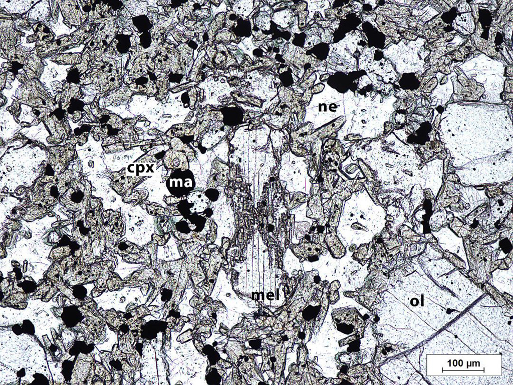 Néphélinite à olivine et mélilite (8 Ma). Cette néphélinite, d'aspect basaltique,  est une roche à rares phénocristaux d'olivine millimétriques  et à fond aphanitique composé de petits cristaux (~ 0,1 mm) de clinopyroxène (cpx), magnétite (ma) automorphes et de néphéline xénomorphe (ne). La mélilite (sorosilicate, système quadratique), ici très fraiche,  est  peu abondante,  environ 5 %. Elle  se présente en prismes automorphes (0,5 mm), à  clivage longitudinal  et à structure  en cheville caractéristique (<em>peg structure</em> en Anglais), due à des exsolutions. C'est une roche ultrabasique (Si0<sub>2</sub> = 39 %), feldspathoïdite dans le diagramme TAS (Le Bas <i>et al.</i>, 1986), très sous-saturée (néphéline normative ~ 16 %).  Elle est la seule roche à mélilite de la série fortement alcaline sodique sous-saturée, du volcanisme fini-tertiaire de la presqu'île du Cap-Vert (Sénégal). Les types pétrographiques associés sont des néphélinites <i>au sens strict</i> et des basanites. Ce type pétrographique est relativement rare, avec seulement trois petits gisements connus en France.
