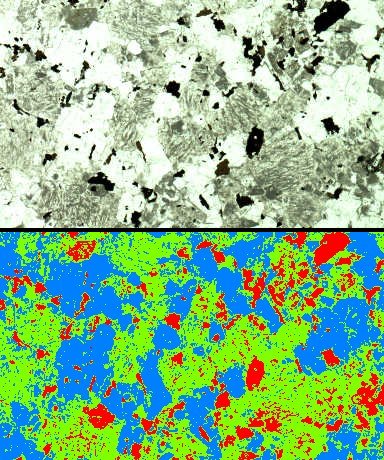 En haut : lame épaisse de granite, en lumière naturelle. Les trois minéraux principaux visibles sont en blanc ou vert clair, le quartz, en vert foncé, les feldspaths, en noir, les micas. L'image du bas montre le résultat obtenu après traitement avec le logiciel "Mesurim" : elle donne une valeur d'environ 43 % de feldspaths (vert), 40 % de quartz (bleu) et 14 % de micas (rouge).