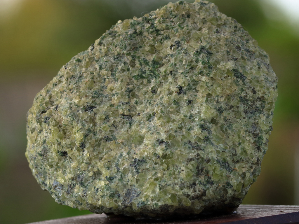 Échantillon de péridotite (5,5 x 7,5 cm environ) mettant en évidence la texture grenue de la roche. La péridotite est une roche constituée principalement de cristaux d'olivine (couleur vert olive) et de pyroxènes. Elle constitue la majeure partie du manteau terrestre. On parle de texture grenue quand sur un macro échantillon, tous les minéraux sont visibles à l'œil nu. En lame mince, les minéraux sont de grande taille et sont en contact étroit les uns avec les autres ; ainsi on ne distingue pas de matrice entre les minéraux.
