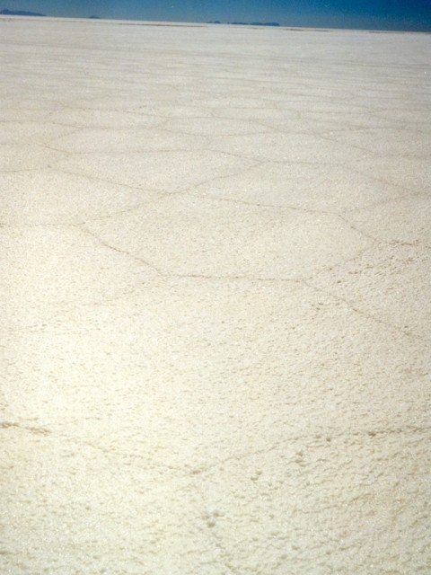Salar de Uyuni, le plus grand désert du sel du monde 11000 km2, altitude 3600 m. Traces hexagonales de rétraction lors de l'assèchement du lac salé.
<BR><A HREF='https://phototheque.enseigne.ac-lyon.fr/photossql/GoogleEarth/salar.kmz'><IMG SRC='googleearth.gif' BORDER=0></A>