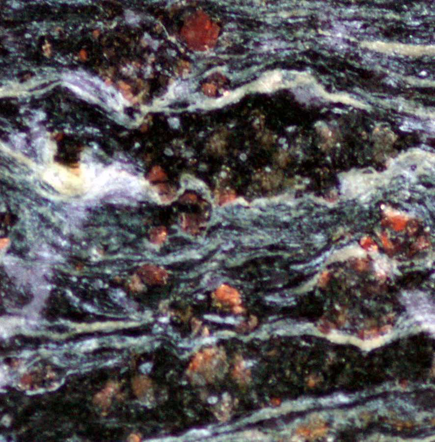 Eclogite. <br />   Cette roche se situe de façon intermédiaire entre le faciès schiste bleu et le faciès éclogite du métamorphisme.  On y distingue des plagioclases blancs, des pyroxènes vert-vert bronze, des amphibole noir-bleuté (glaucophane) et des grenats roses. <br /><br />   Cette photographie est proposée dans le cadre d'une évaluation de la quantité d'eau contenue dans la roche (depuis le gabbro de dorsale jusqu'à l'éclogite) par l'utilisation du logiciel Mesurim. <a href='http://svt.enseigne.ac-lyon.fr/spip/spip.php?article392'>Lien avec le dossier pédagogique</a>.<br /><br />    Mots clefs : métagabbro - éclogite - mesurim - lithosphère - subduction - plagioclase -  glaucophane - grenat - jadéite - pyroxène