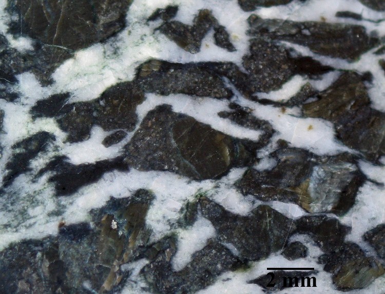 Schiste bleu. <br />Les minéraux brun-bronze sont du pyroxène. Le plagioclase est blanc. On distingue aussi des minéraux noirs, en relation avec le pyroxène : il s'agit d'amphibole noir-bleuté (la glaucophane). Cette roche est un métagabbro issu de la transformation du gabbro océanique ne comportant que plagioclase et pyroxène. <a href='http://svt.enseigne.ac-lyon.fr/spip/spip.php?article169' target='_blank'>Page liée</a>.
<br /><br />   Cette photographie est proposée dans le cadre d'une évaluation de la quantité d'eau contenue dans la roche (depuis le gabbro de dorsale jusqu'à l'éclogite) par l'utilisation du logiciel Mesurim. <a href='http://svt.enseigne.ac-lyon.fr/spip/spip.php?article392'>Lien avec le dossier pédagogique</a>.<br /><br /> 

  Mots clefs : schiste bleu - métagabbro - gabbro - glaucophane - pyroxène - plagioclase
