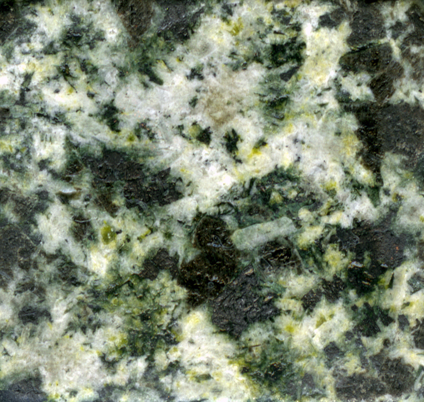 Gabbro océanique altéré. <br />   Cette roche est un gabbro en début d'altération (métagabbro) dans la lithosphère océanique. Elle contient en plus des minéraux caractéristiques du gabbro, les plagioclase et pyroxène (augite), des traces de chlorite. Cette altération provient de la circulation d'eau dans la lithosphère au fur et à mesure qu'elle s'éloigne de la dorsale.   Le plagioclase est blanc, le pyroxène est gris-bronze. La chlorite est vert-jaunâtre.  <br />Cette roche appartient au faciès « schiste vert » du métamorphisme et provient de la transformation d'un gabbro.  <br /><br />  Cette photographie est proposée dans le cadre d'une évaluation de la quantité d'eau contenue dans la roche (depuis le gabbro de dorsale jusqu'à l'éclogite) par l'utilisation du logiciel Mesurim.  <a href='http://svt.enseigne.ac-lyon.fr/spip/spip.php?article392'>Lien avec le dossier pédagogique</a>.<br /><br />    Mots clefs : métagabbro - schiste vert - mesurim - lithosphère - dorsale - pyroxène - plagioclase - chlorite