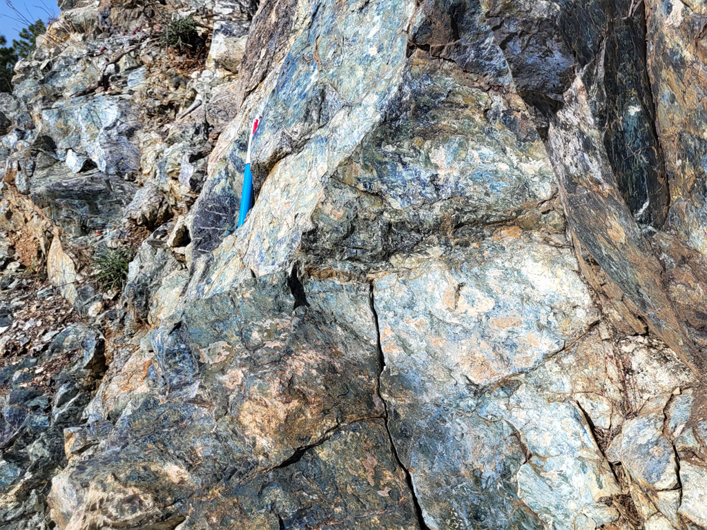 Affleurement de serpentinite. Il s’agit de phyllosilicates résultant de l’hydratation des olivines (et accessoirement des pyroxènes) des péridotites. Ce sont donc les produits du métamorphisme du manteau. Les formes les plus courantes de serpentinites sont vertes à blanches ou jaunâtre, avec souvent des reflets bleutés. Elles tirent leur nom de leur aspect semblable à celui d'écailles et une sensation particulière au toucher, qui peut évoquer la peau d'un serpent. Ces roches se trouvent généralement dans des chaines de montagnes, anciennes ou récentes, qui ont amené à proximité de la surface des parties du manteau terrestre.<br />
<a href='https://phototheque.enseigne.ac-lyon.fr/photossql/photos.php?RollID=images&FrameID=serpentinite_gavignano1'>Vue d’ensemble de l’affleurement</a> – Vue rapprochée 1 – <a href='https://phototheque.enseigne.ac-lyon.fr/photossql/photos.php?RollID=images&FrameID=serpentinite_gavignano3'> Vue rapprochée 2</a> – <a href='https://phototheque.enseigne.ac-lyon.fr/photossql/photos.php?RollID=images&FrameID=serpentinite_gavignano4'> Échantillon 1</a> – <a href='https://phototheque.enseigne.ac-lyon.fr/photossql/photos.php?RollID=images&FrameID=serpentinite_gavignano5'> Échantillon 2</a>
