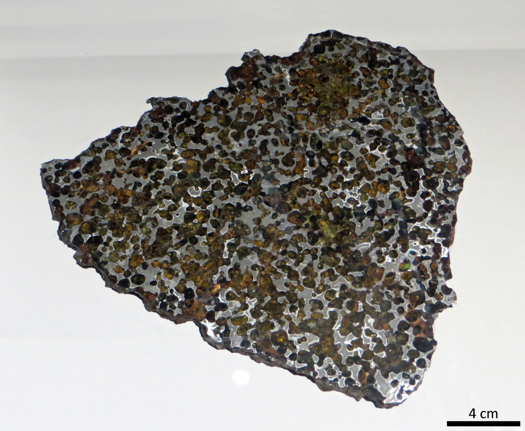 Springwater, météorite mixte (pallasite) trouvée en 1931 au Canada. Les pallasites ne sont pas seulement de jolis spécimens. Constituées d'un assemblage de métal et d'olivine, elles résultent de l'impact entre un astéroïde métallique et le fragment du manteau d'un autre gros astéroïde. Ce sont les rares échantillons de manteau d'astéroïde dont nous disposons.