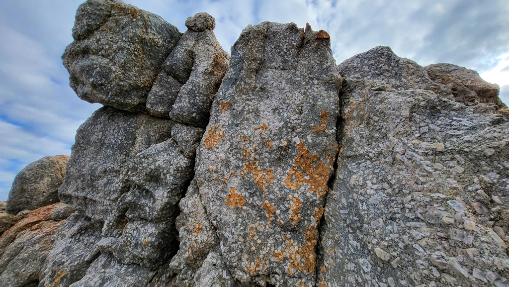 Sur la presqu’île d’Omigna, en particulier sous la tour génoise, les conditions d’affleurement sont propices à l’observation de syénomonzogranites à mégacristaux de feldspath potassique, dont la taille avoisine ici jusqu’à une dizaine de centimètres. La roche est très riche en feldspath potassique et en mica noir. Elle est pauvre en quartz, mais contient toutefois des feldspaths calco-sodiques. Ce n'est ni un vrai granite (il y a peu de quartz), ni une vraie syénite (il y a du quartz et les deux variétés de feldspaths). On lui donne un nom intermédiaire : syénogranite. On ajoute deux qualificatifs. Le premier porphyroïde est destiné à préciser que l'un des minéraux est beaucoup plus gros que les autres, le second monzo, signale la présence des deux catégories de feldspaths. Les roches sont datées du Carbonifère Viséen (346,7 – 330,3 Ma). <a href='https://phototheque.enseigne.ac-lyon.fr/photossql/photos.php?RollID=images&FrameID= syenogranite1'>Échantillon</a> – affleurement – <a href='https://phototheque.enseigne.ac-lyon.fr/photossql/photos.php?RollID=images&FrameID= syenogranite3'>paysage</a>.