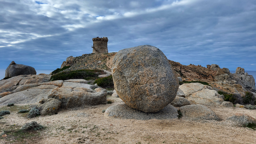 Sur la presqu’île d’Omigna, en particulier sous la tour génoise, les conditions d’affleurement sont propices à l’observation de syénomonzogranites à mégacristaux de feldspath potassique, dont la taille avoisine ici jusqu’à une dizaine de centimètres. La roche est très riche en feldspath potassique et en mica noir. Elle est pauvre en quartz, mais contient toutefois des feldspaths calco-sodiques. Ce n'est ni un vrai granite (il y a peu de quartz), ni une vraie syénite (il y a du quartz et les deux variétés de feldspaths). On lui donne un nom intermédiaire : syénogranite. On ajoute deux qualificatifs. Le premier porphyroïde est destiné à préciser que l'un des minéraux est beaucoup plus gros que les autres, le second monzo, signale la présence des deux catégories de feldspaths. Les roches sont datées du Carbonifère Viséen (346,7 – 330,3 Ma). <a href='https://phototheque.enseigne.ac-lyon.fr/photossql/photos.php?RollID=images&FrameID= syenogranite1'>Échantillon</a> – <a href='https://phototheque.enseigne.ac-lyon.fr/photossql/photos.php?RollID=images&FrameID= syenogranite2'>affleurement</a> – paysage.