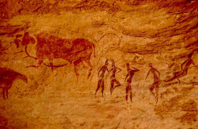 Peintures rupestres d'abri sous roche du site de Jabbaren dans le Tassili n'Ajjer. Datation très controversée.