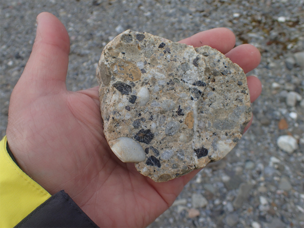 Tillite : il s'agit d'une roche sédimentaire de type conglomérat. Elle résulte de la compaction d'un dépôt morainique ou fluvio-glaciaire. Les éléments variés qui la composent sont cimentés par une matrice argilo-sableuse. Ici la roche a été érodée par un nouvel épisode glaciaire, ce qui a permis de dégager l'échantillon. 