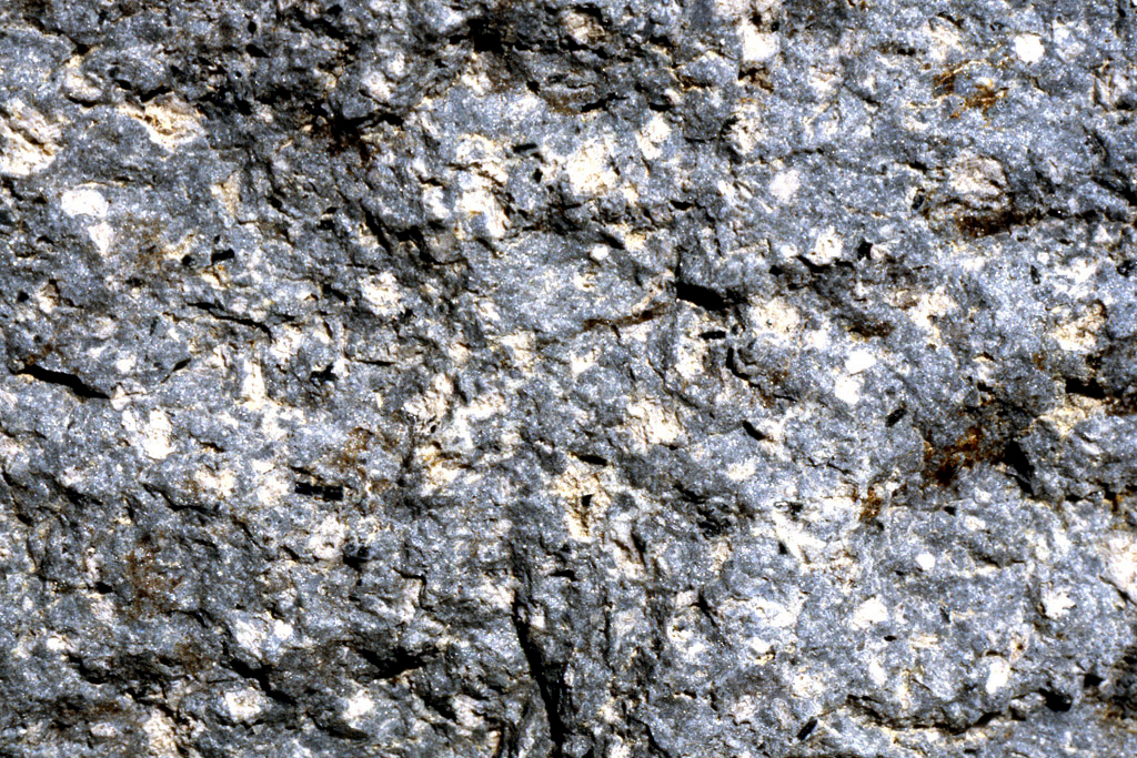 Le trachyte est une roche volcanique gris-bleutée issue d'une lave visqueuse conférant au volcan un caractère explosif.  La macrophotographie (échelle x1) montre distinctement des macro-cristaux isolés de feldspath blanc et d'amphibole noire, en baguette. Ces cristaux sont noyés dans une pâte gris-bleutée d'apparence non cristallisée. Au microscope, cette pâte montrerait de nombreux microcristaux en forme de baguette, les microlithes.