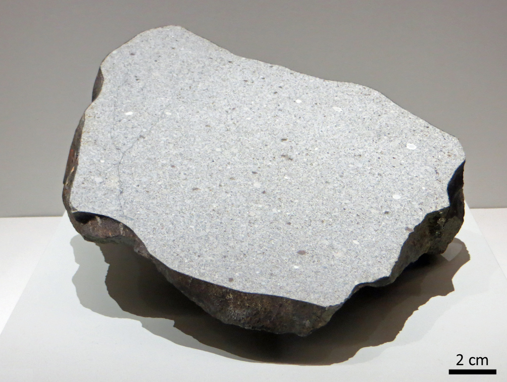Vouillé, chondrite ordinaire tombée en 1831 en France. Les chondrites ordinaires sont les météorites les plus abondantes : elles représentent plus de 78% des chutes. Elles proviennent d'astéroïdes non différenciés situés dans la partie interne de la ceinture d'astéroïdes. Elles contiennent une grande proportion de chondres et peu de matrice.